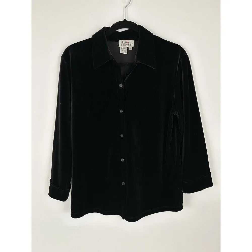 Women's Stretch Velvet‎ Top Women’s Medium Black Whimsigoth Button Up Witchy